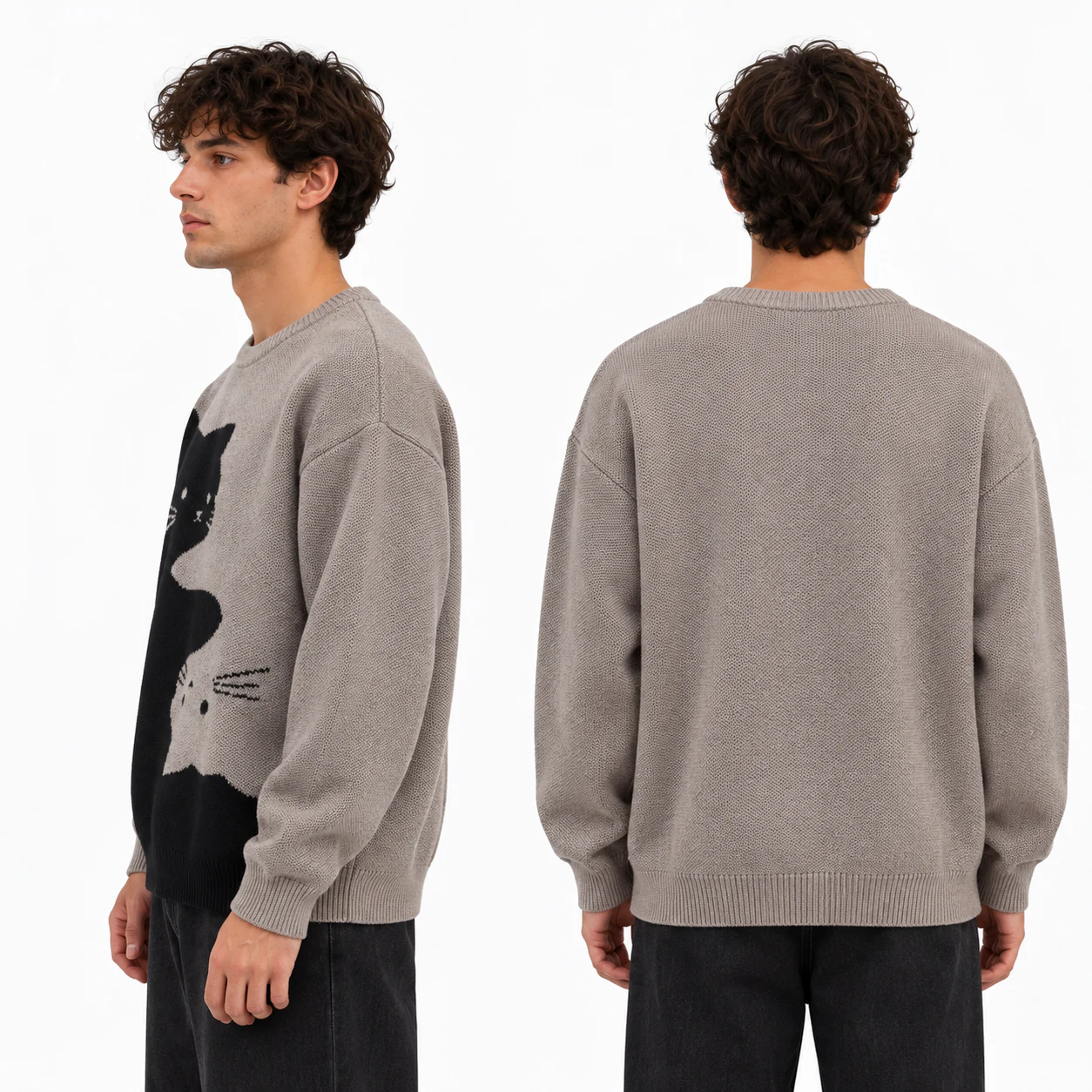 Cartoon cat knit sweater side and back views