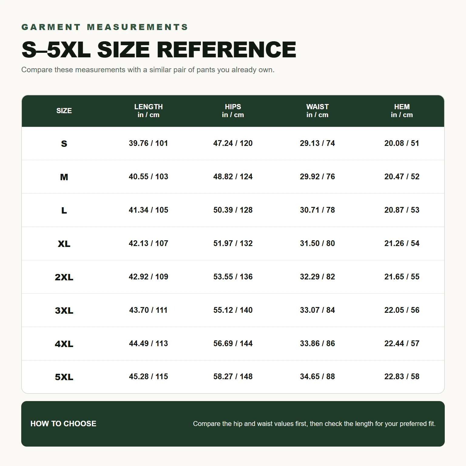 Unisex cargo pants garment measurement size reference S to 5XL
