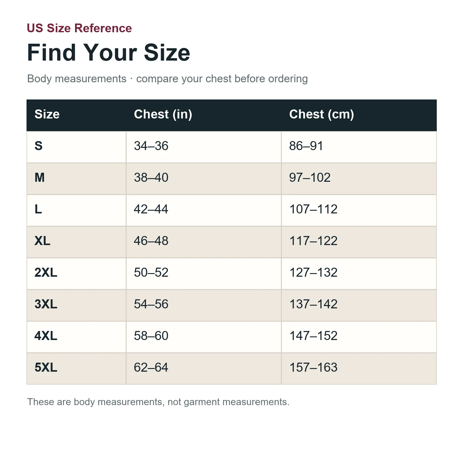 US body chest size reference from S through 5XL.