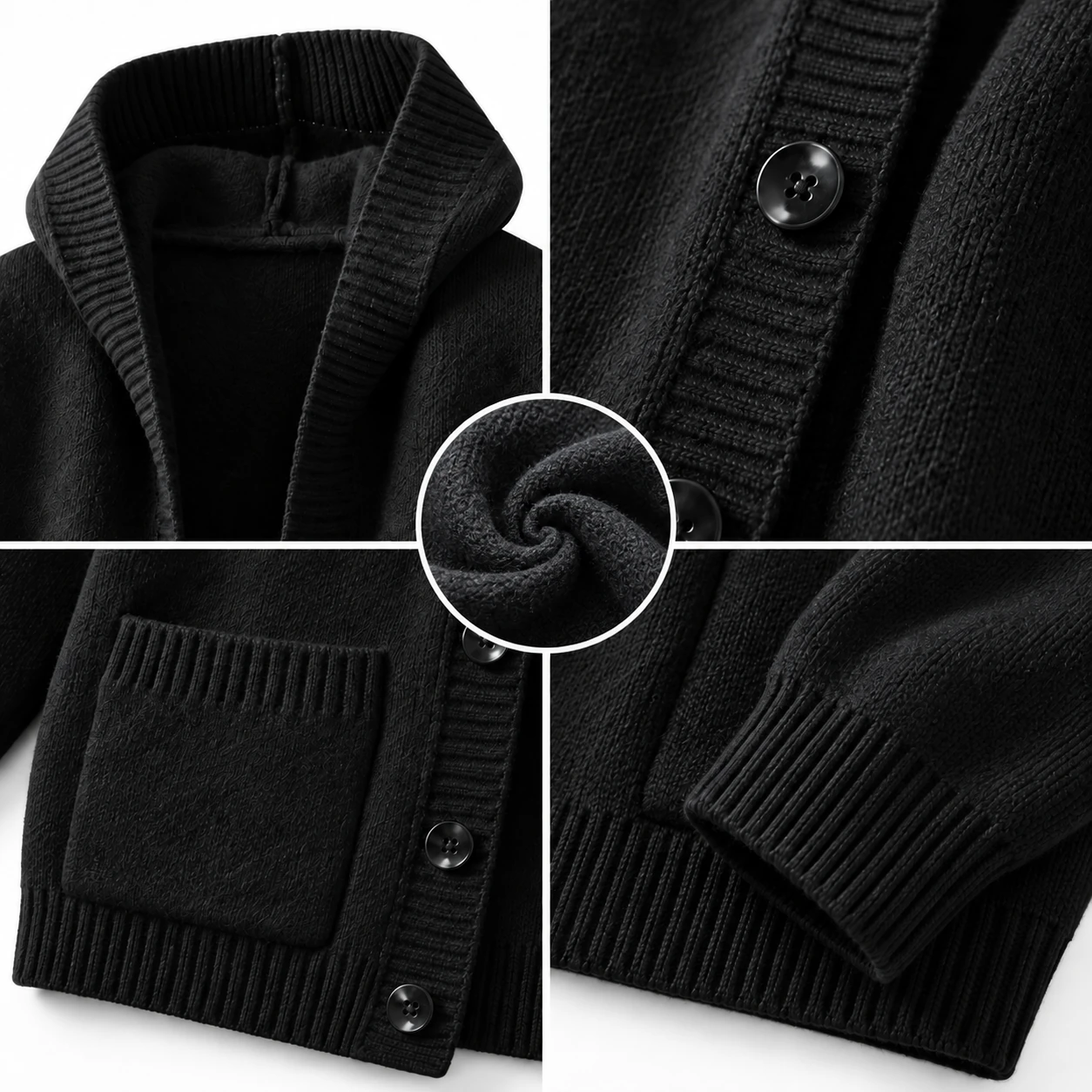 Hooded knit cardigan construction detail collage