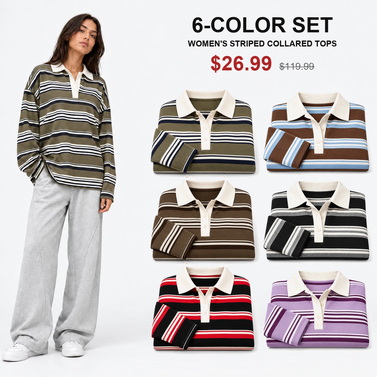 Women's striped collared tops six-color set price overview
