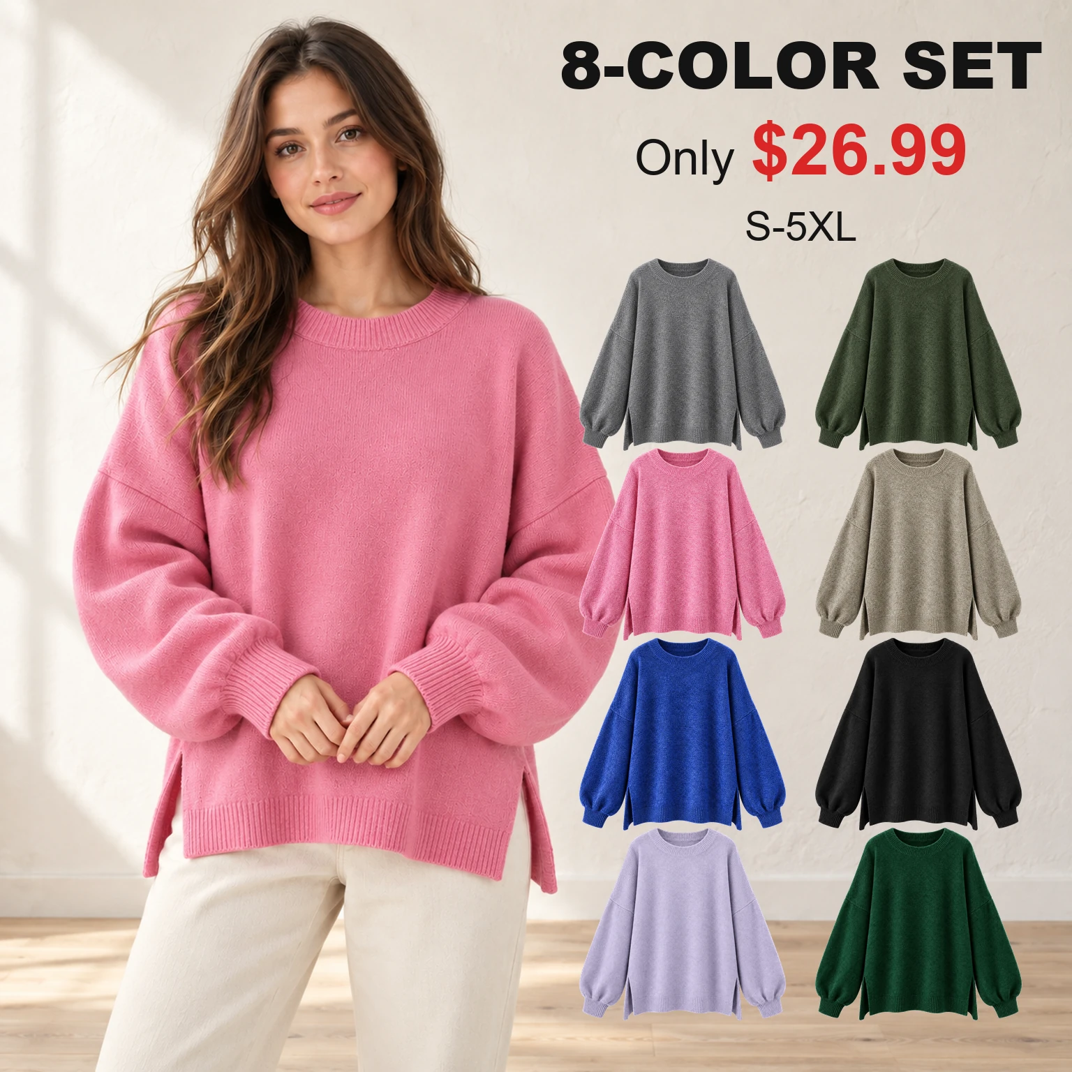 Women's eight-color drop-shoulder sweater set price and color overview