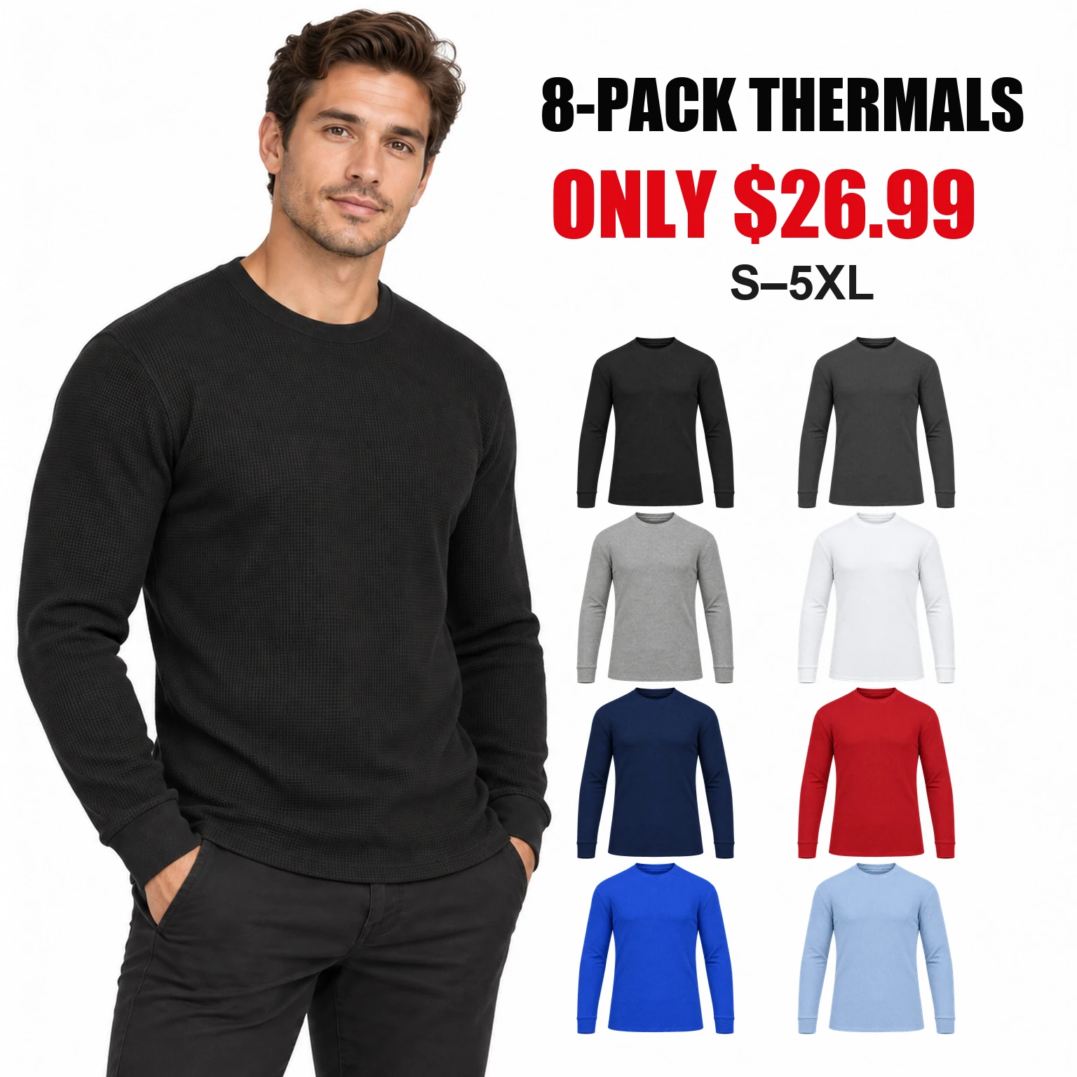 Men's waffle-knit thermal shirts eight-pack price and color overview