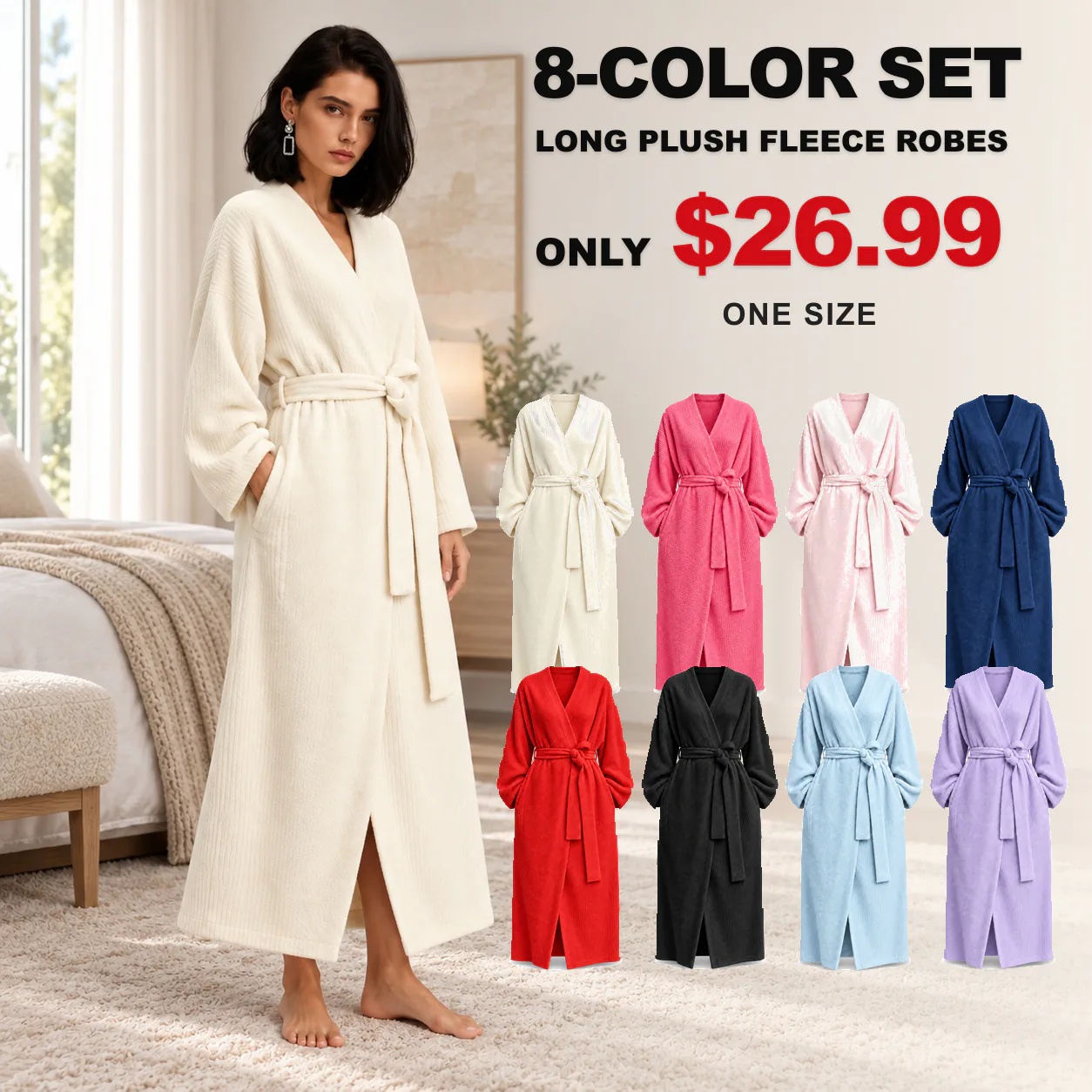 Women's long plush fleece robe eight-color set price and color overview