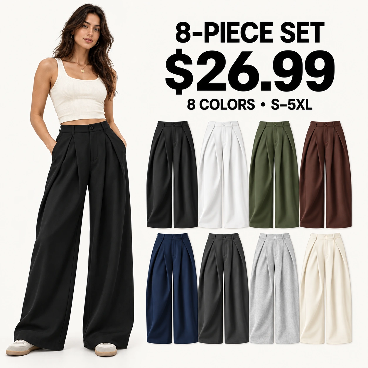 Women's high-waist wide-leg pants eight-pack price and color overview