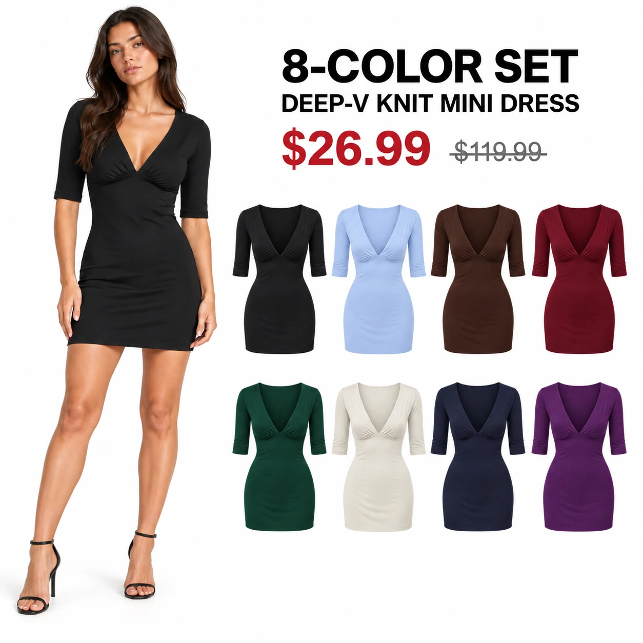 Eight-color deep-V knit mini dress set with price