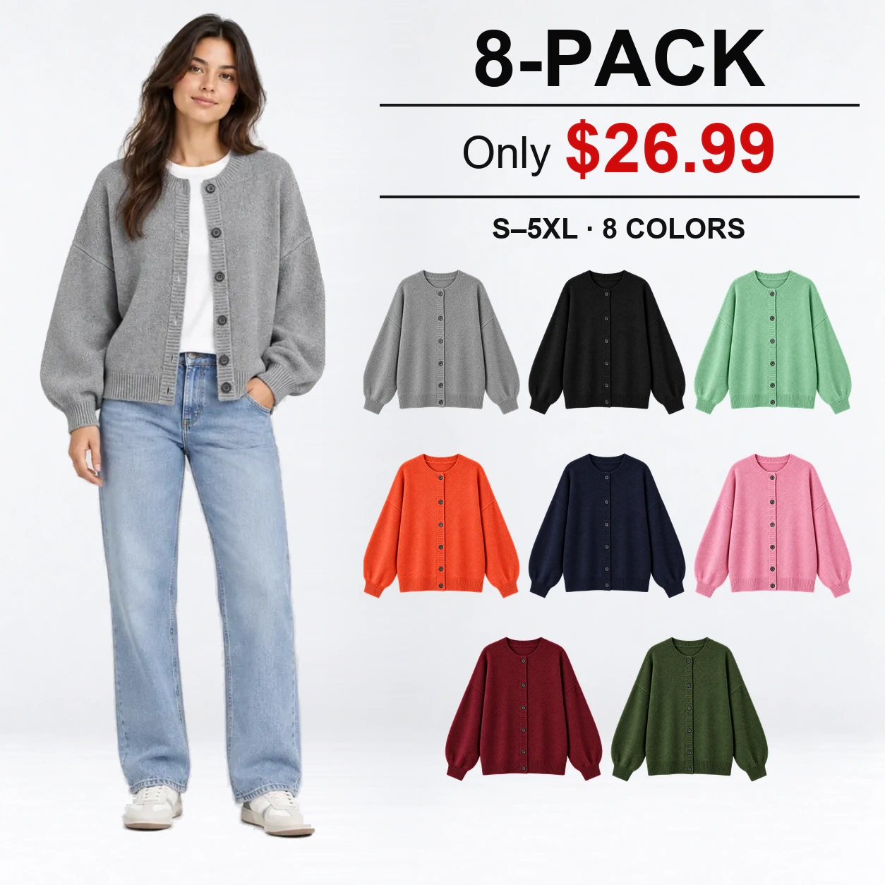 Women's eight-color button-front knit cardigan set with price and color overview