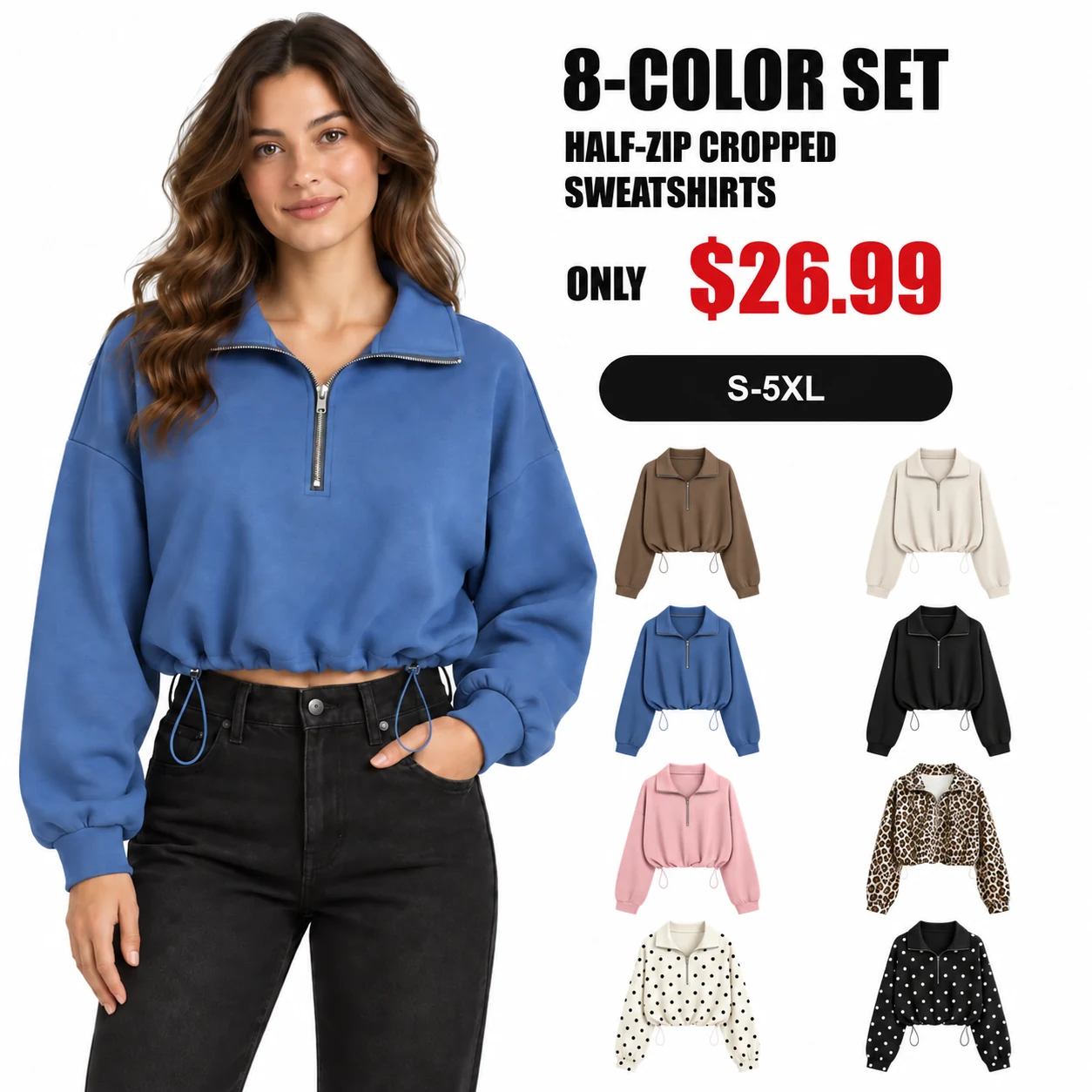 Women's eight-color half-zip cropped sweatshirt set, sizes S to 5XL, priced at $26.99