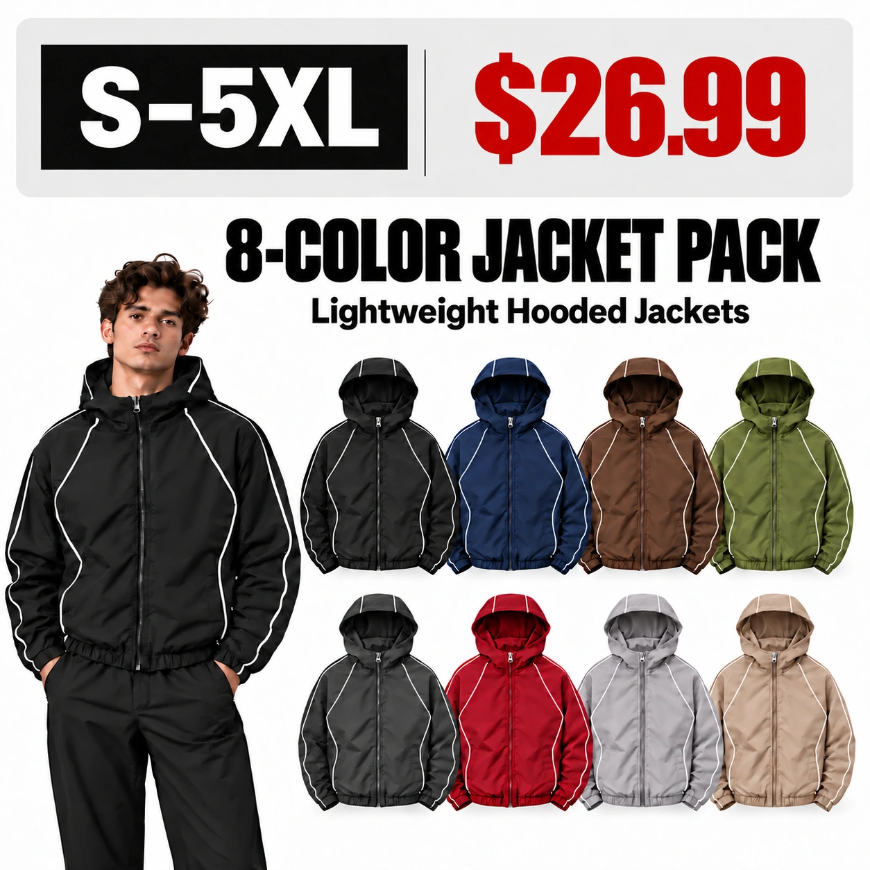 Eight-color jacket pack, S-5XL, $26.99