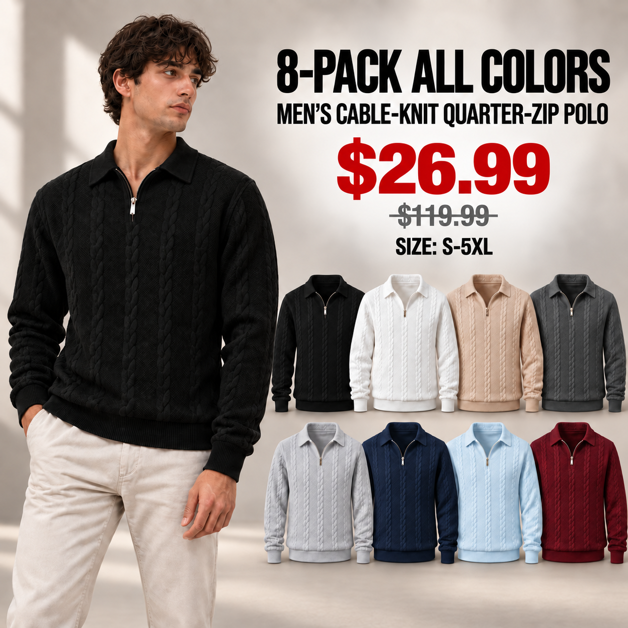 8-Pack All Colors offer showing eight cable-knit half-zip polo sweaters with the approved sale price.