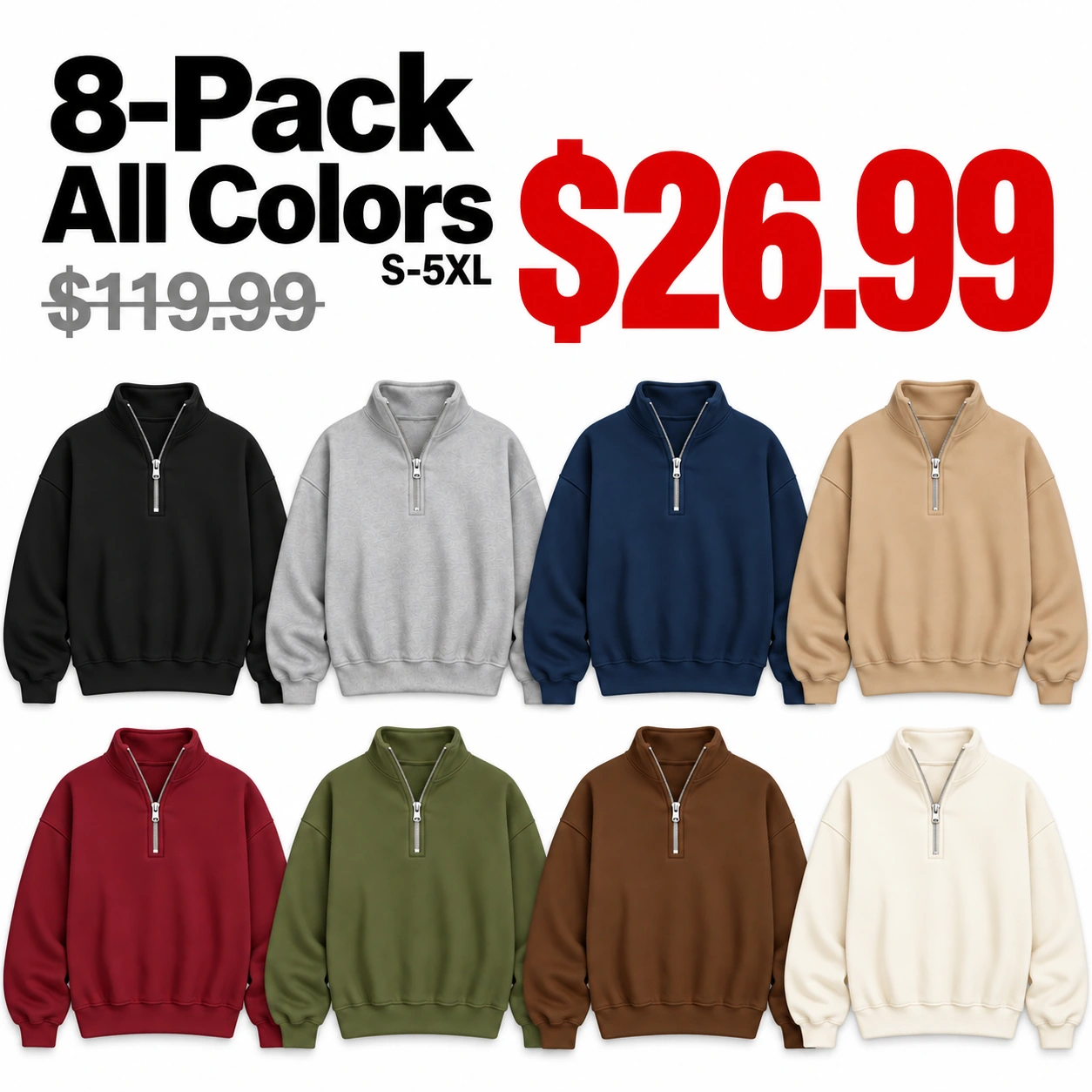 Unisex quarter-zip fleece sweatshirts 8-pack price overview