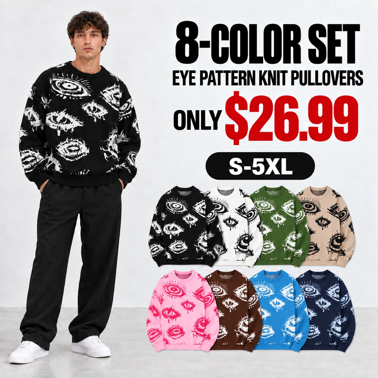 Unisex eye pattern knit pullover 8-color set price, size and color overview