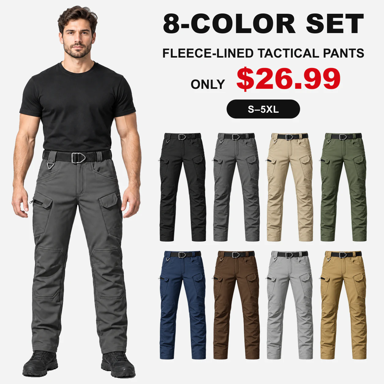 Men's fleece-lined tactical cargo pants eight-color set with price and size range
