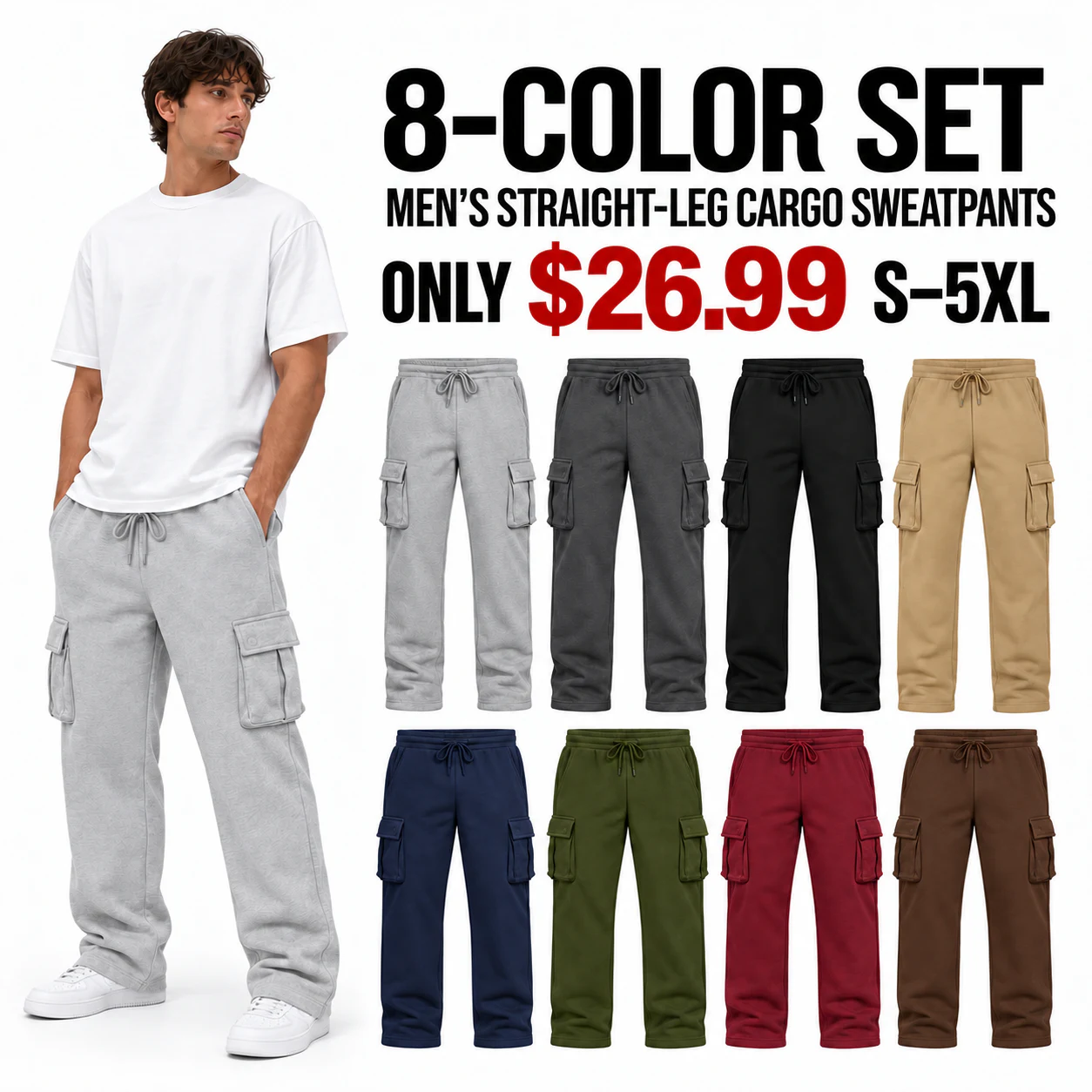 Men's straight-leg cargo sweatpants eight-color set, only $26.99, sizes S to 5XL