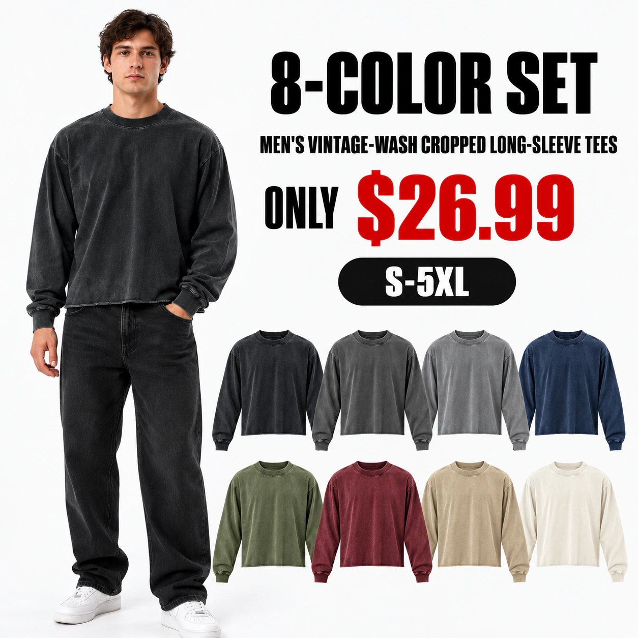 Eight-color vintage-wash cropped long-sleeve tee set with price and size range
