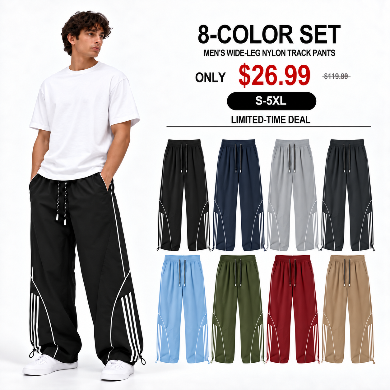 Eight-color men's wide-leg nylon track pants set, S to 5XL