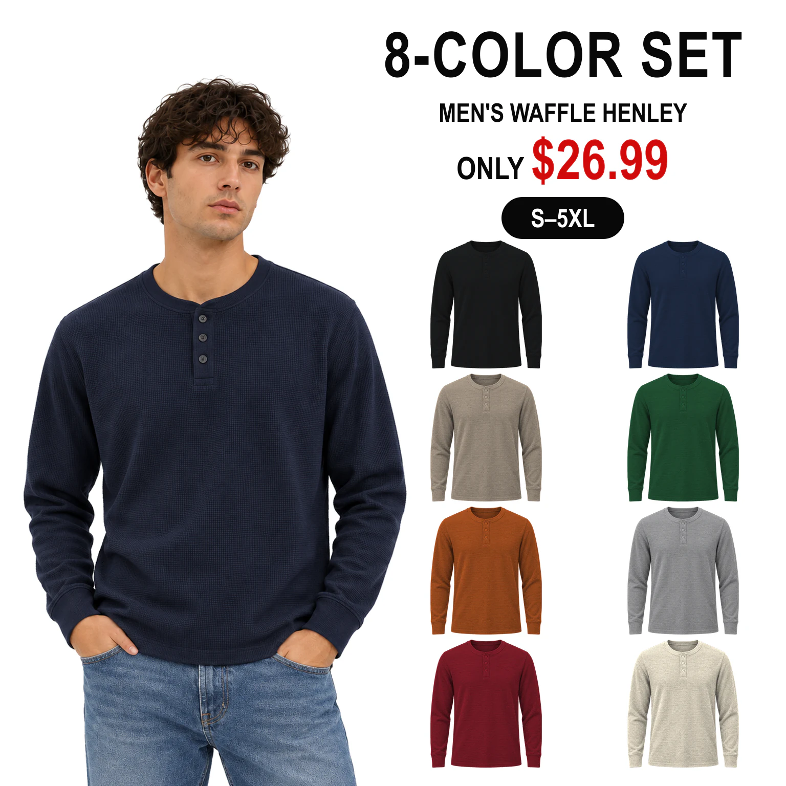 Eight-color men's waffle Henley set with price and size range