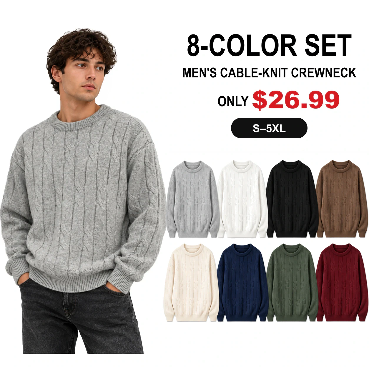 Eight-piece men's cable-knit crewneck sweater set with price and size range