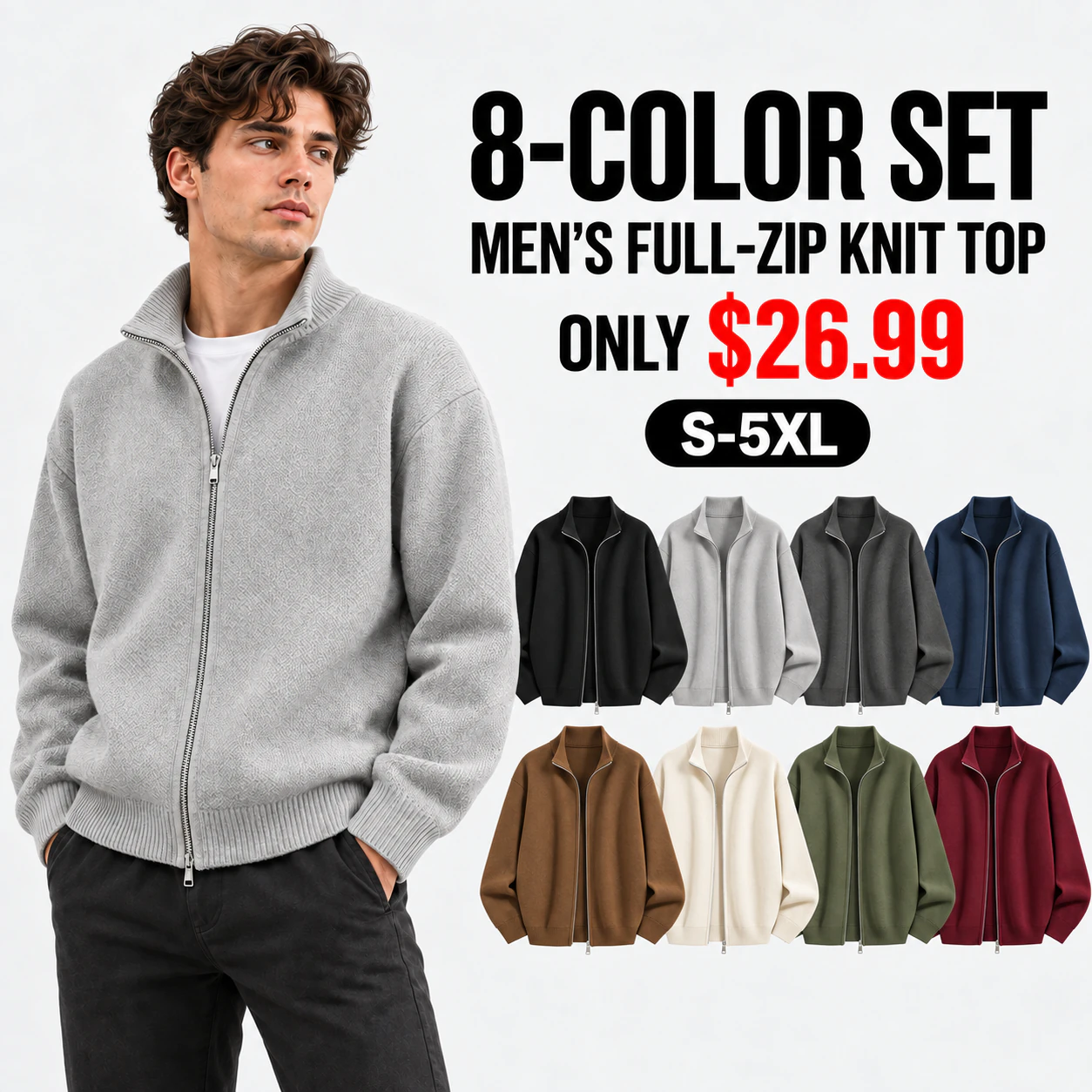 Men's full-zip stand-collar knit top eight-color set with price and size range