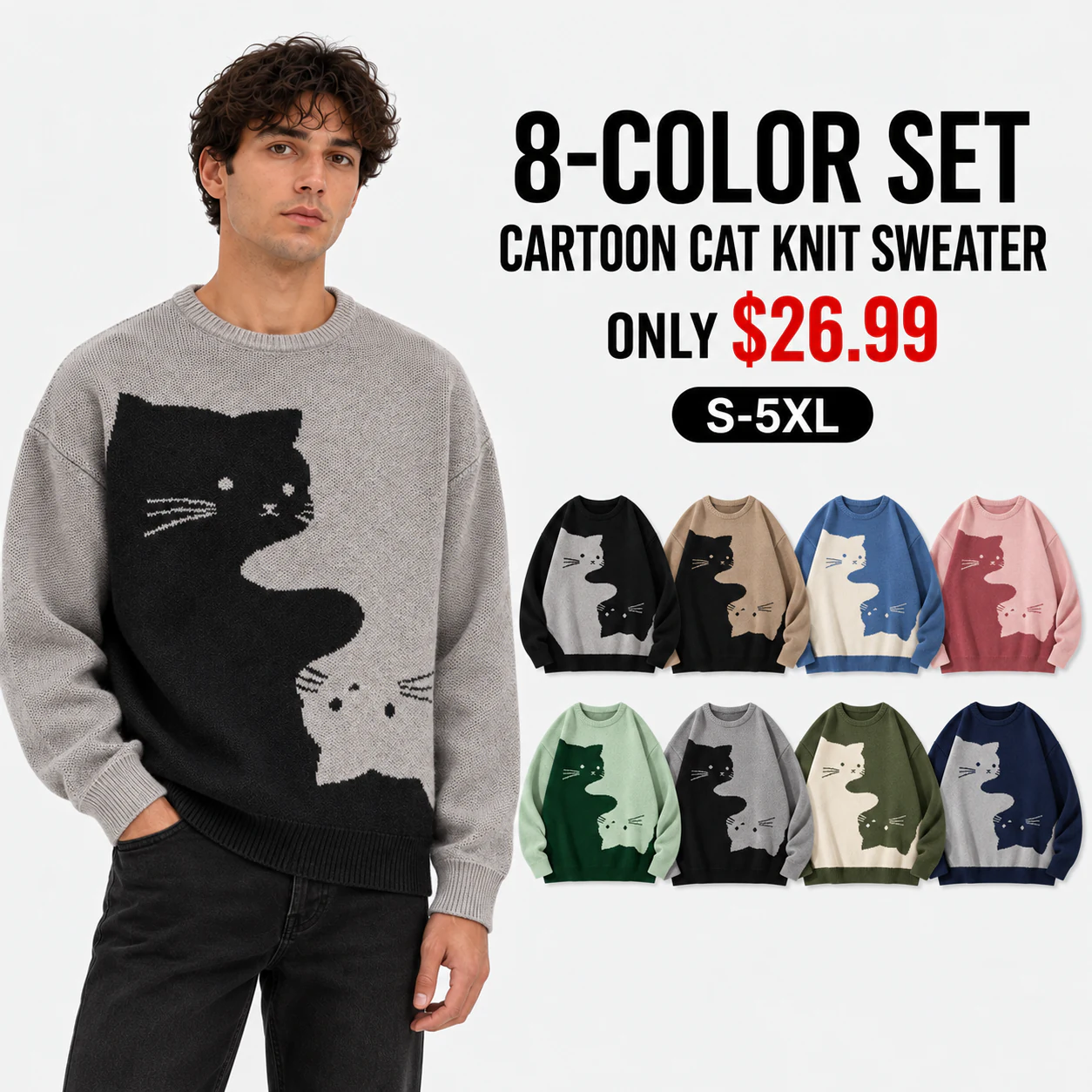 Eight-color cartoon cat knit sweater set with price and size range