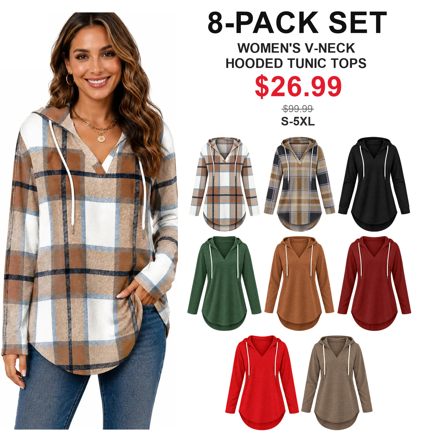 Eight-piece women's V-neck hooded tunic set with offer price and S through 5XL size range