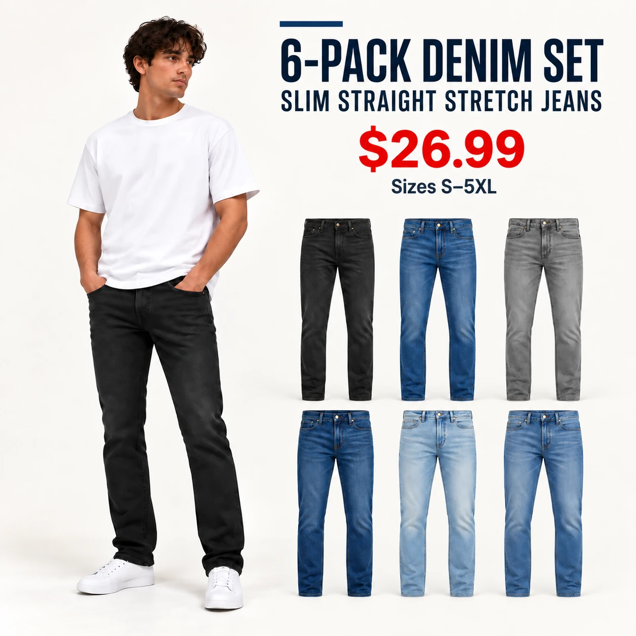 Men slim straight stretch jeans six-pack price and size overview