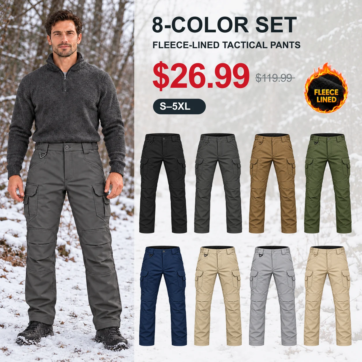 Eight-color fleece-lined cargo pants set with price and size range