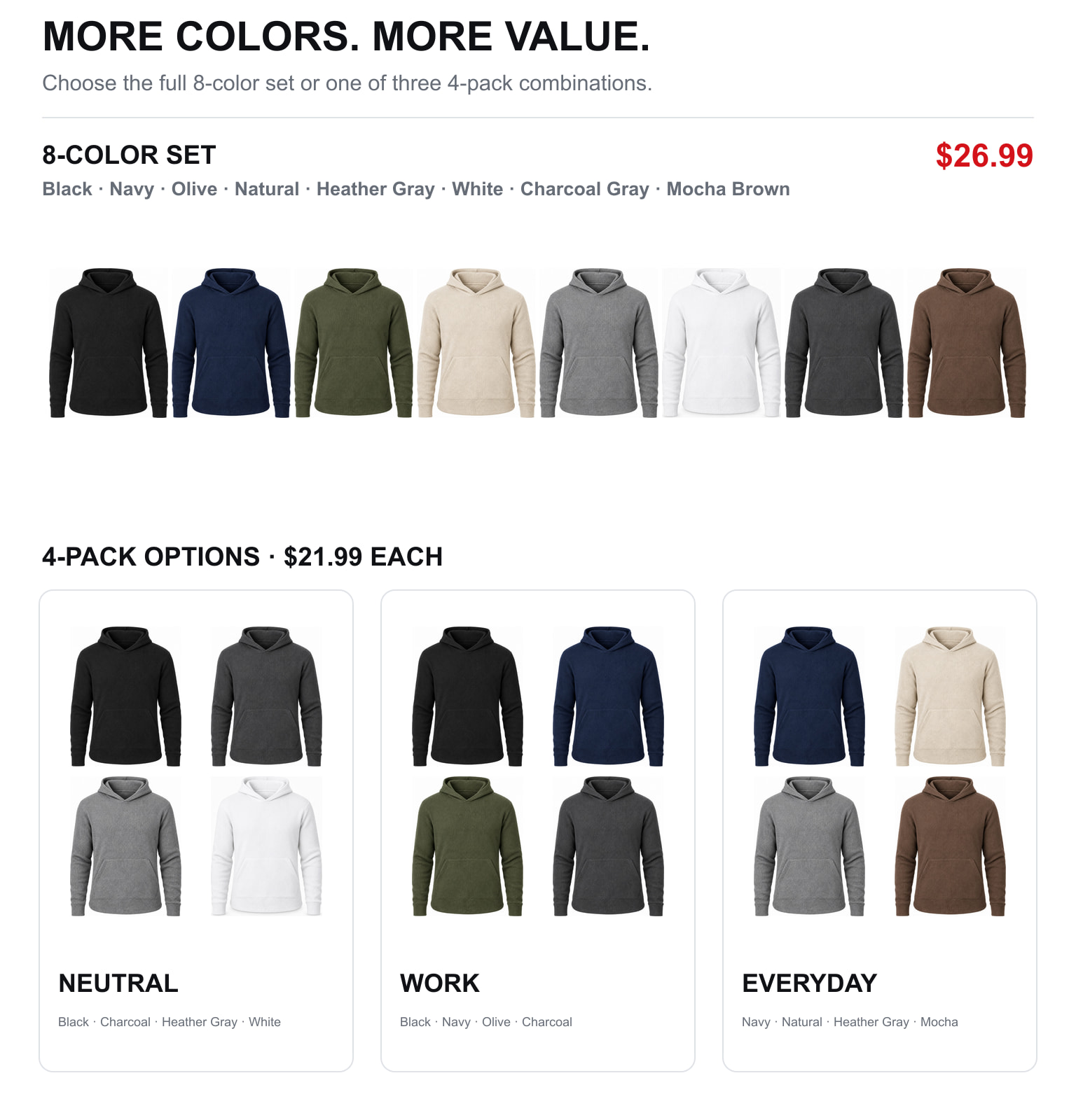 Eight-color set and three four-pack hoodie combinations