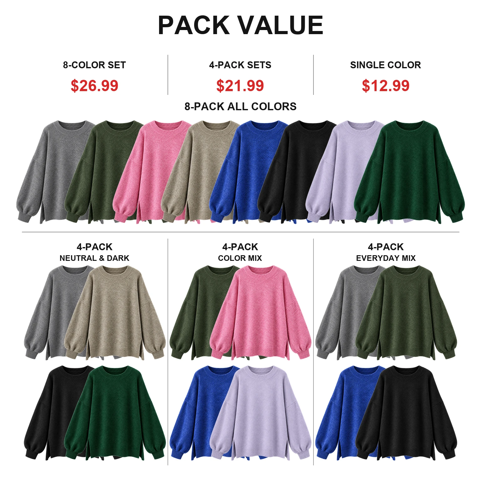 Eight-color sweater set and three four-pack color combinations