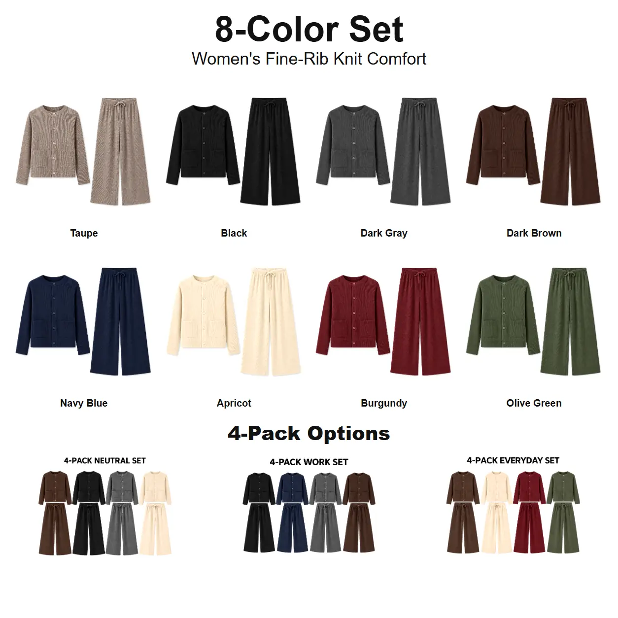 Eight-color set and coordinated four-pack knit outfit options