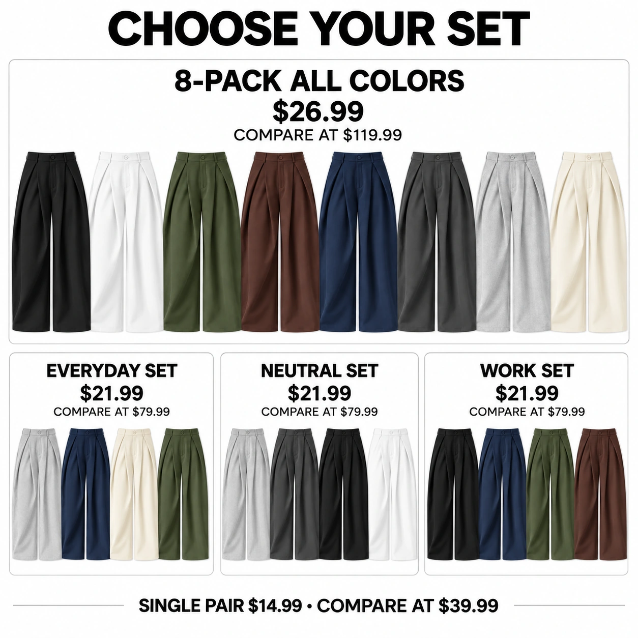 Eight-color set, three four-pack combinations and single-color pants options