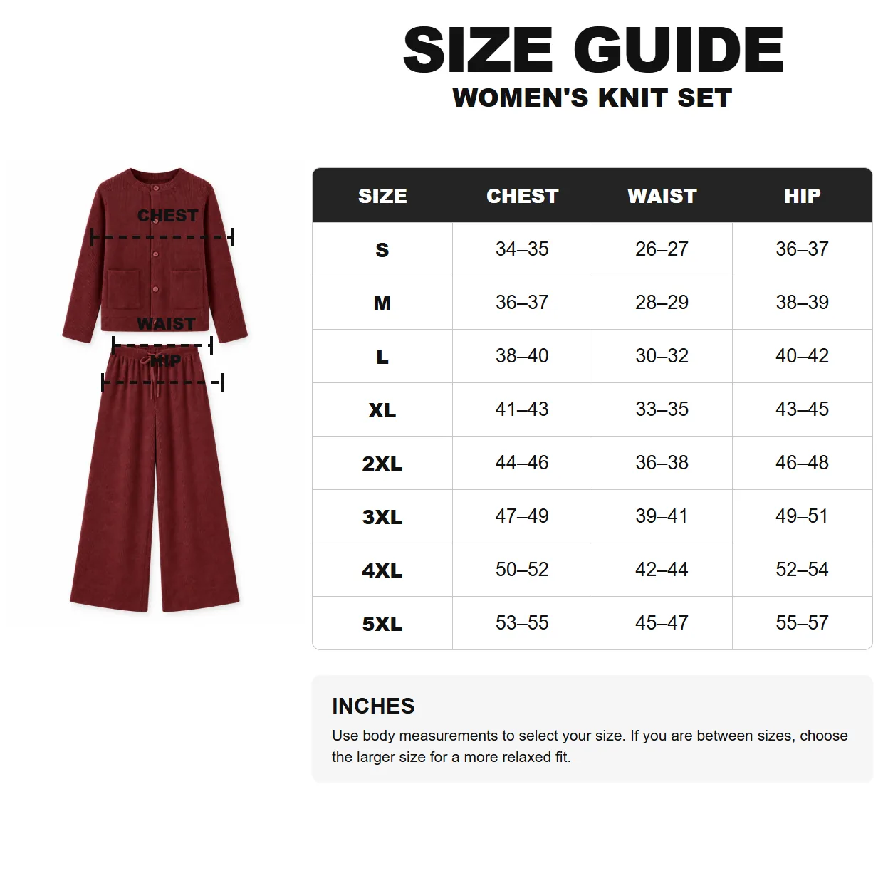 Women’s US body measurement size guide from S to 5XL in inches