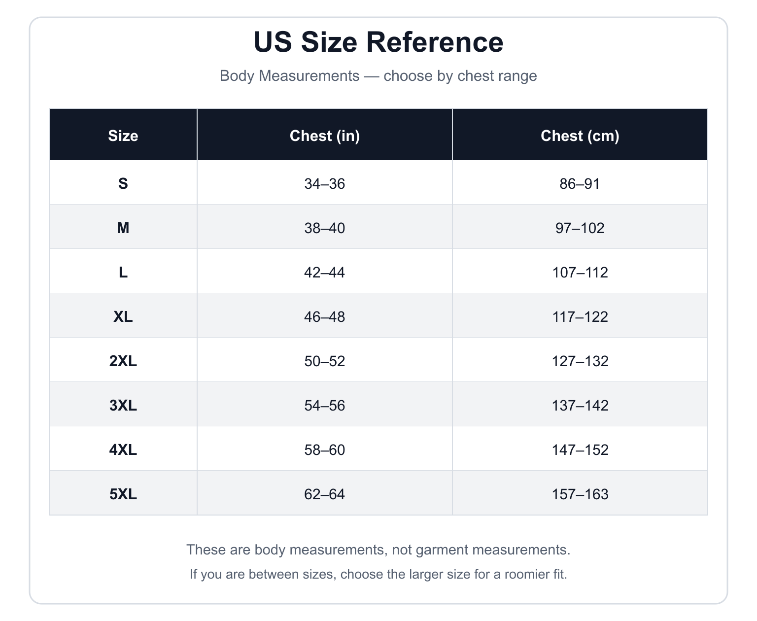 US chest body measurement reference from S through 5XL