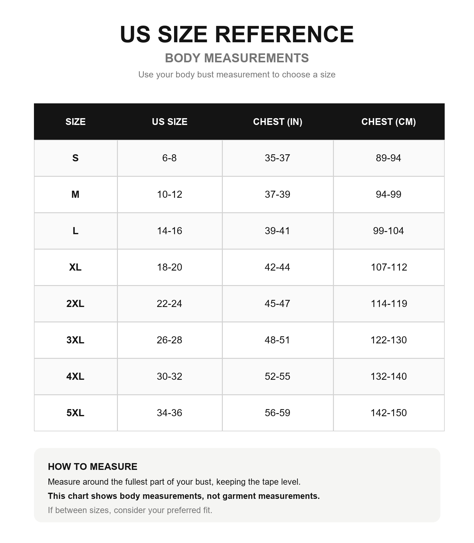 US women's body bust size guide from S to 5XL in inches and centimeters