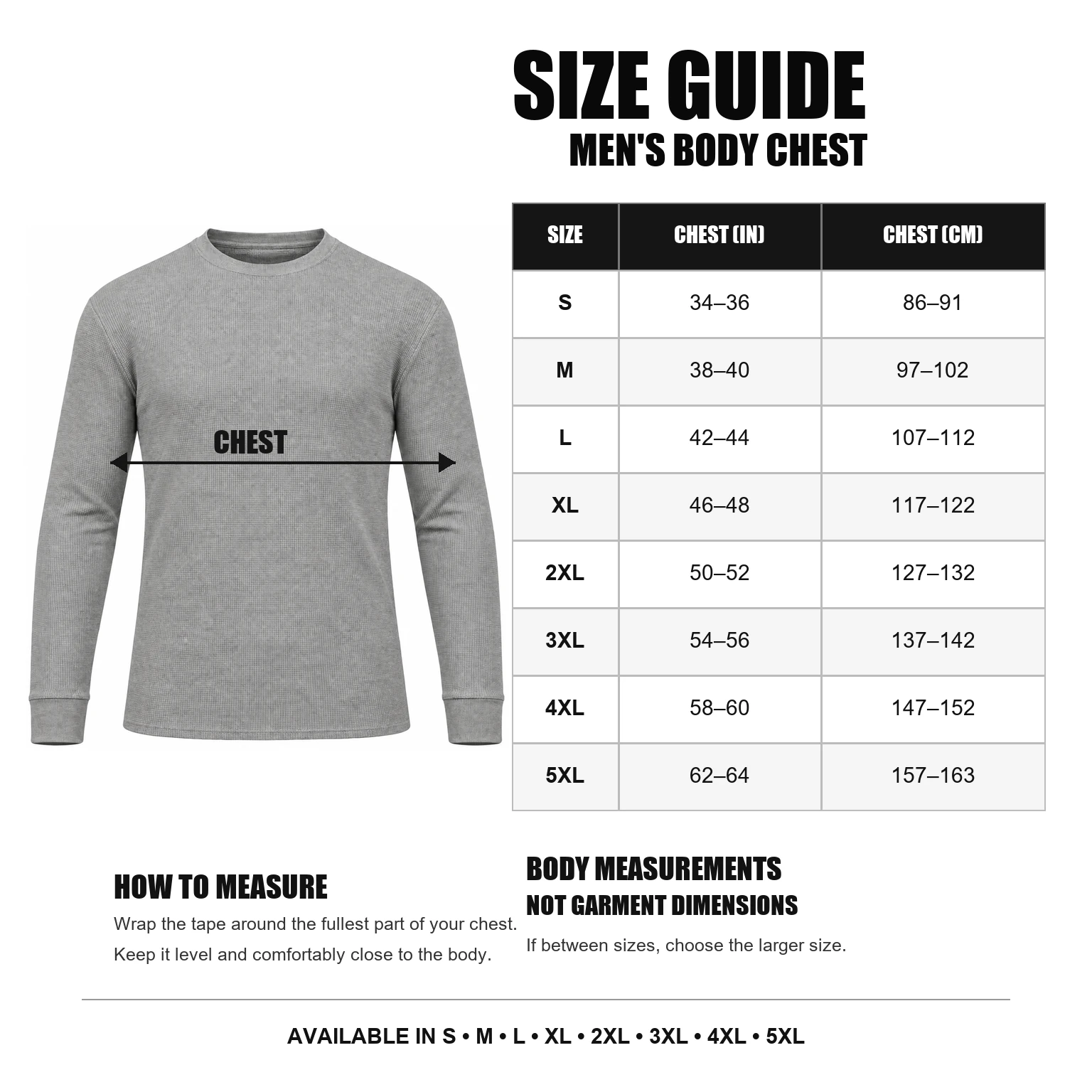 Men's body chest size guide from S to 5XL in inches and centimeters
