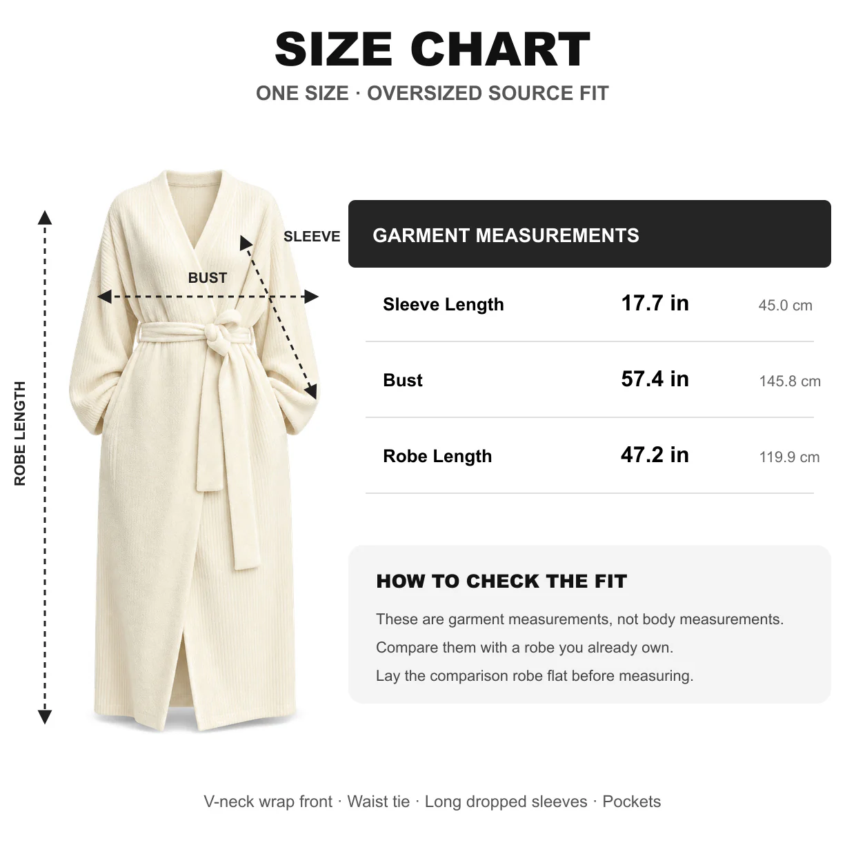 One Size fleece robe garment measurements for sleeve length, bust and robe length in inches and centimeters