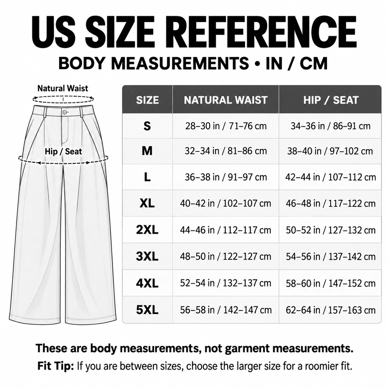 Women's US body measurement size guide from S to 5XL in inches and centimeters