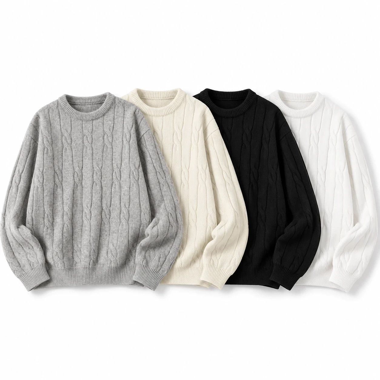 4-Piece Neutral Set cable-knit crewneck sweater option