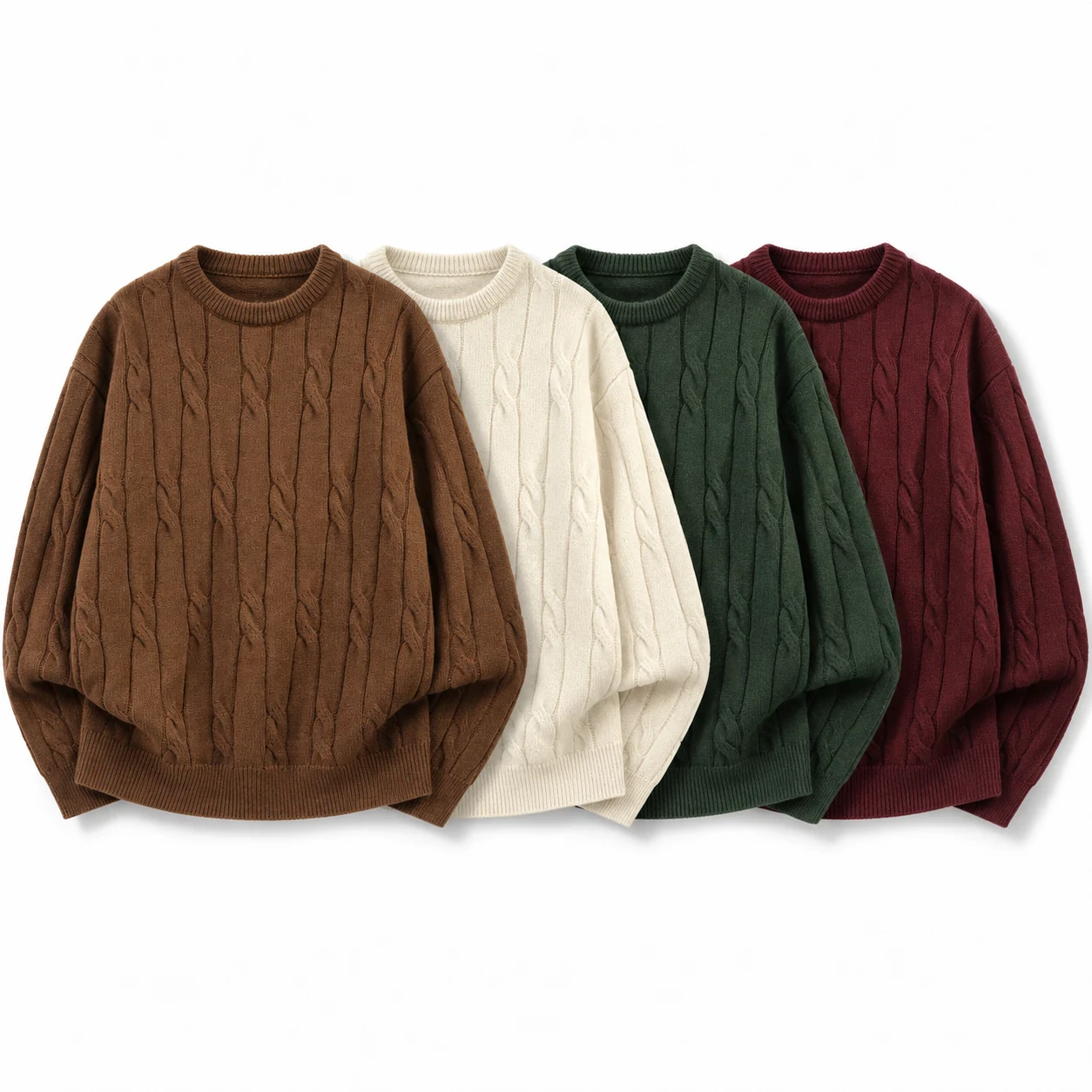 4-Piece Earth Tones cable-knit crewneck sweater option