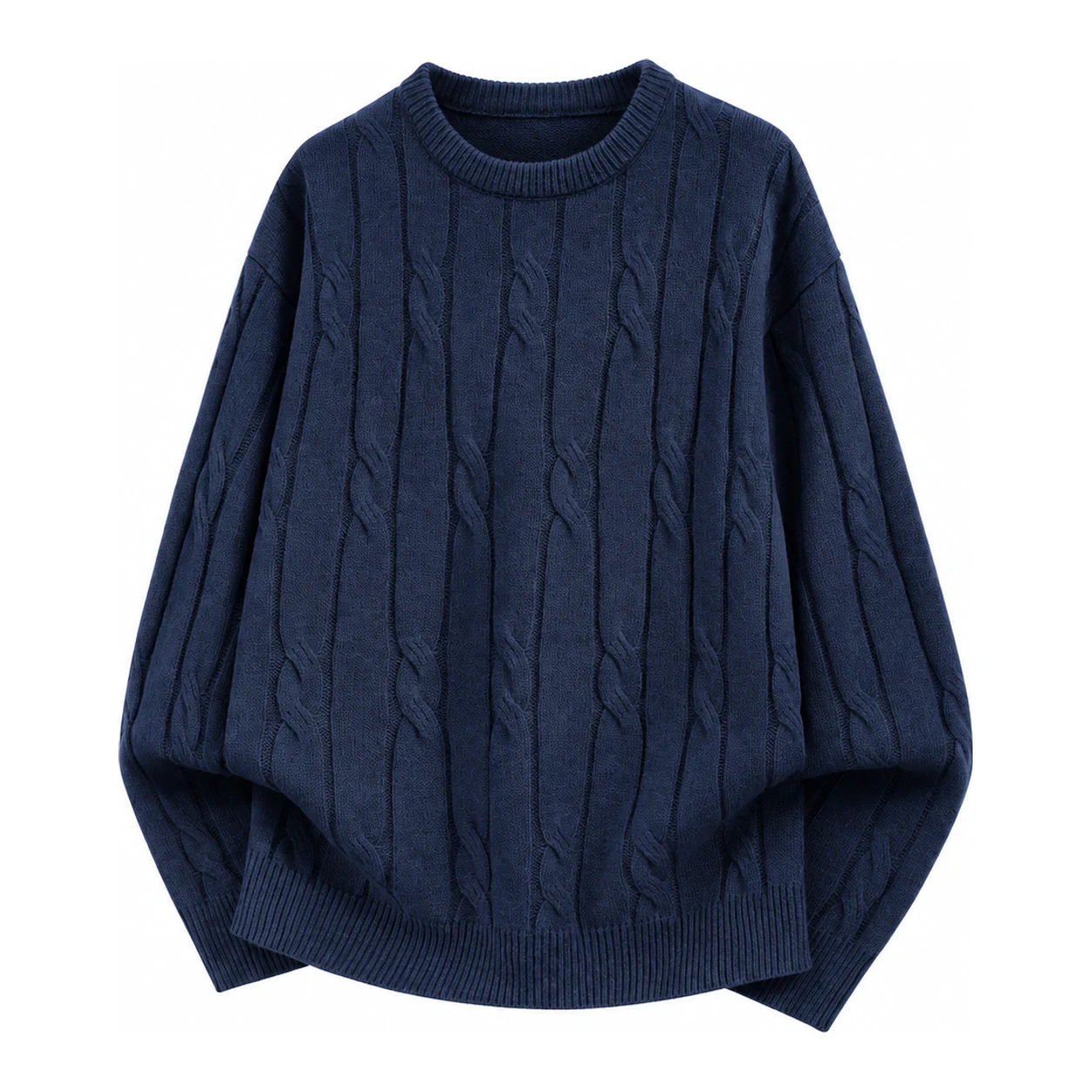 Navy Blue cable-knit crewneck sweater option