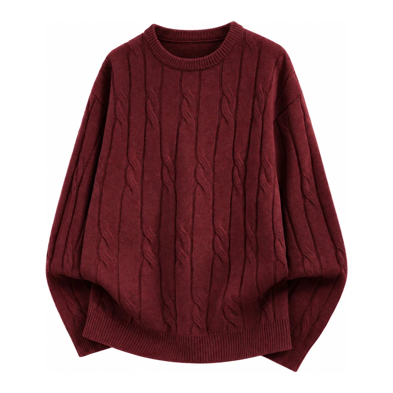 Burgundy cable-knit crewneck sweater option