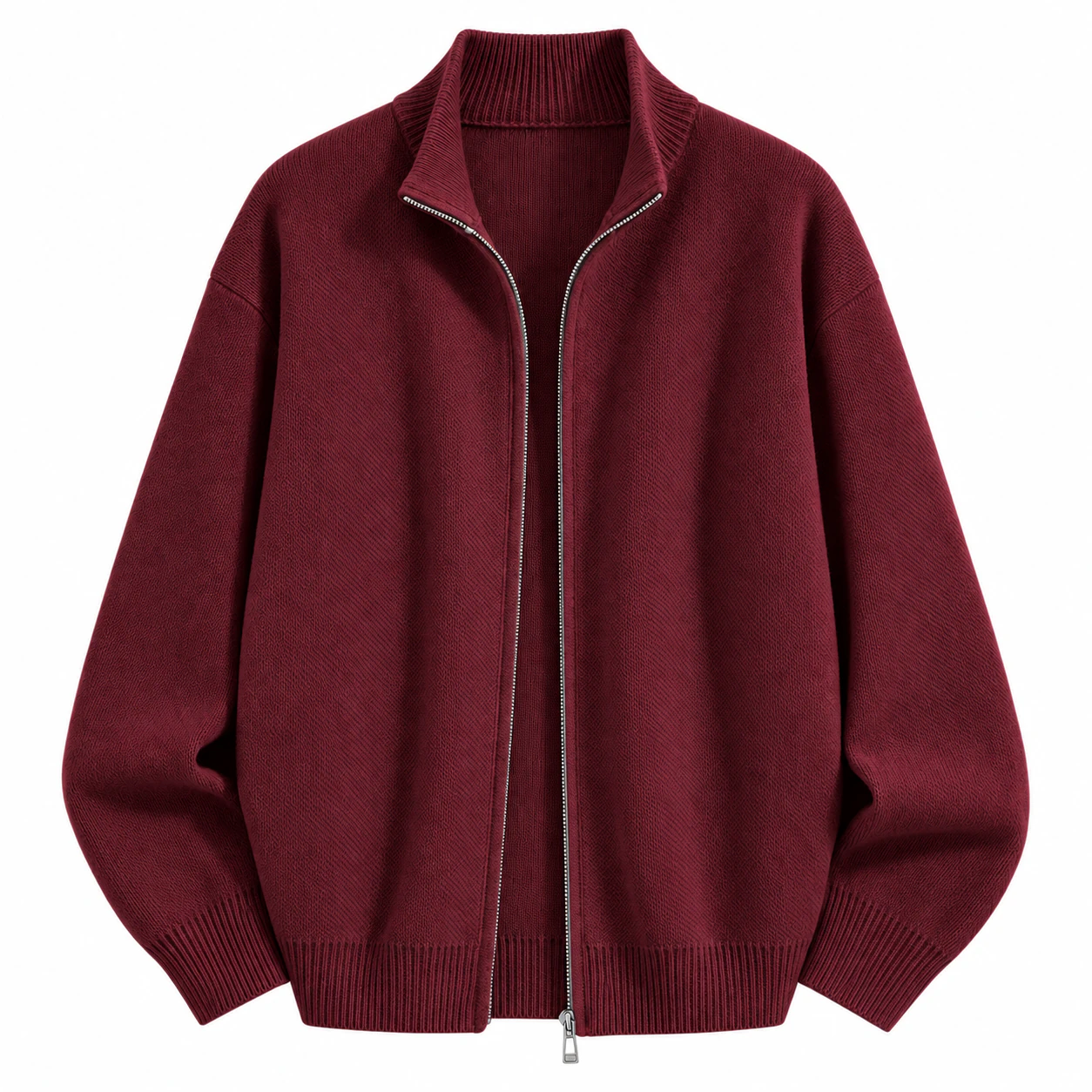 Burgundy full-zip knit top option