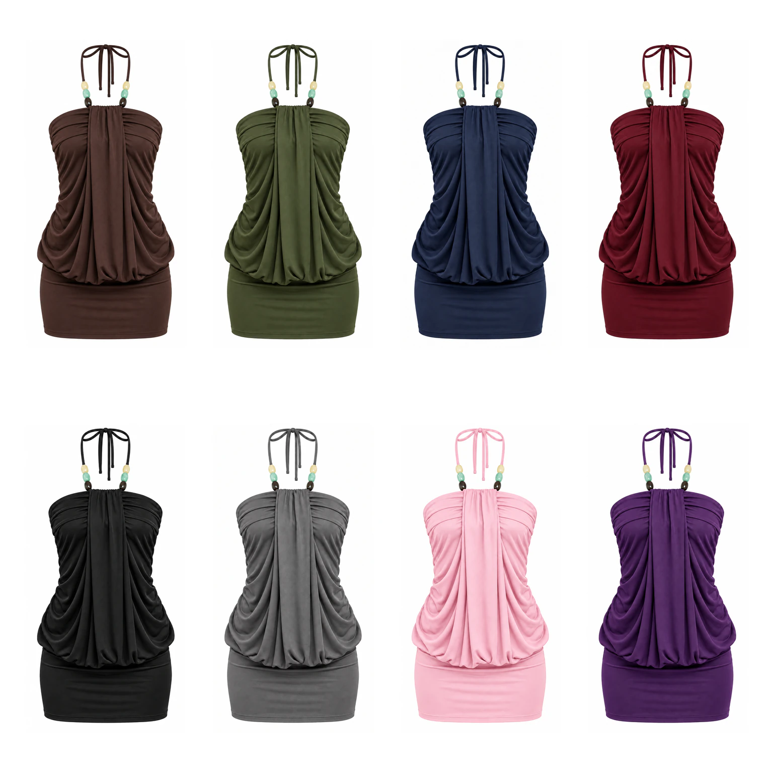 8-Pack Assorted Set beaded tie-halter draped mini dress option