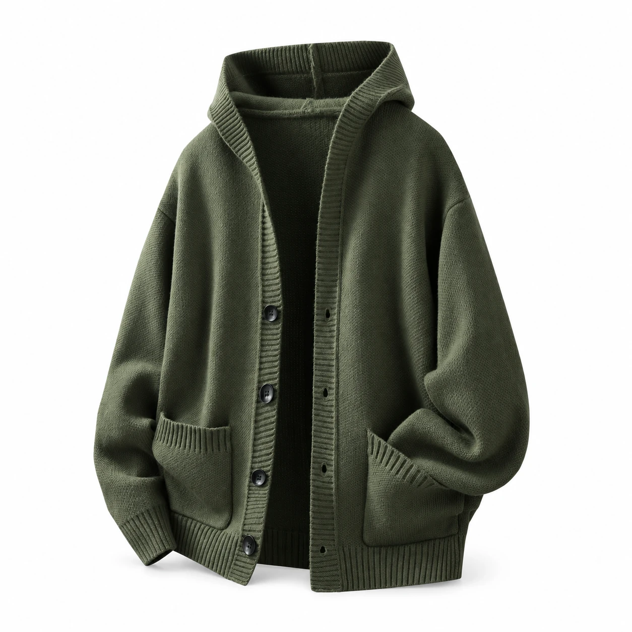 Army green hooded knit cardigan