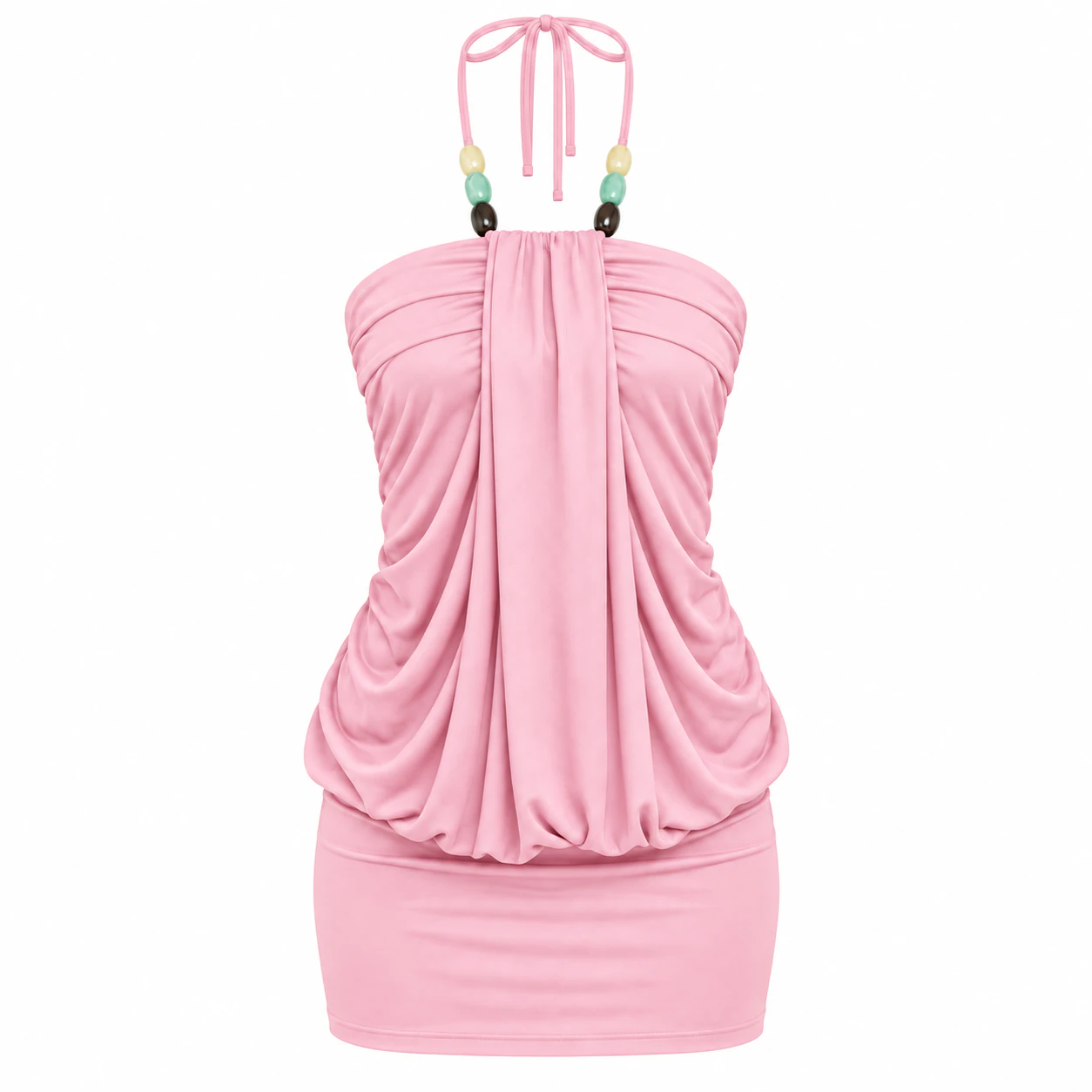 Baby Pink beaded tie-halter draped mini dress option