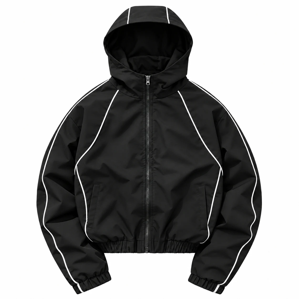 Black hooded reflective piping jacket