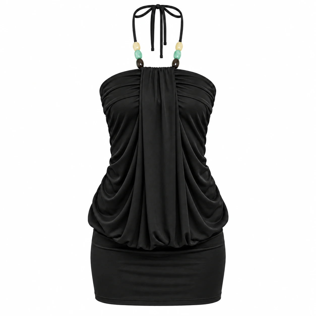Black beaded tie-halter draped mini dress option