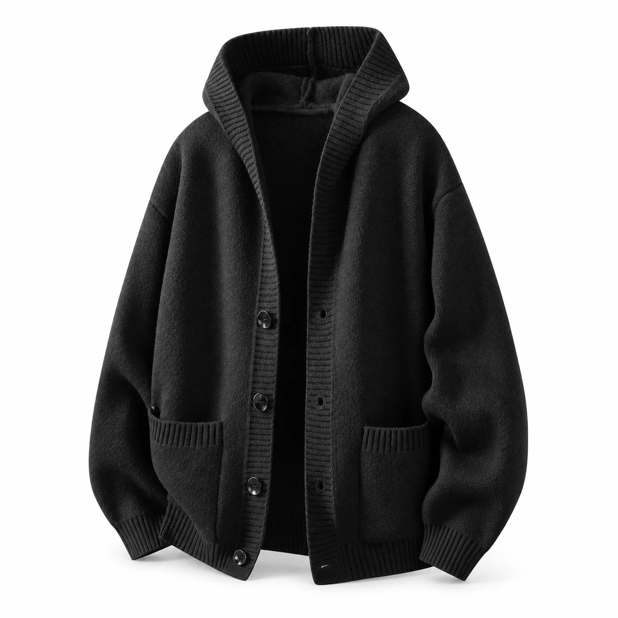 Black hooded knit cardigan