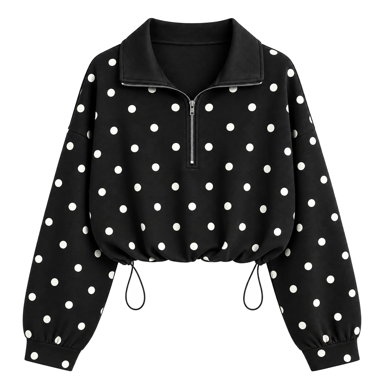 Black Polka Dots women's half-zip cropped sweatshirt option