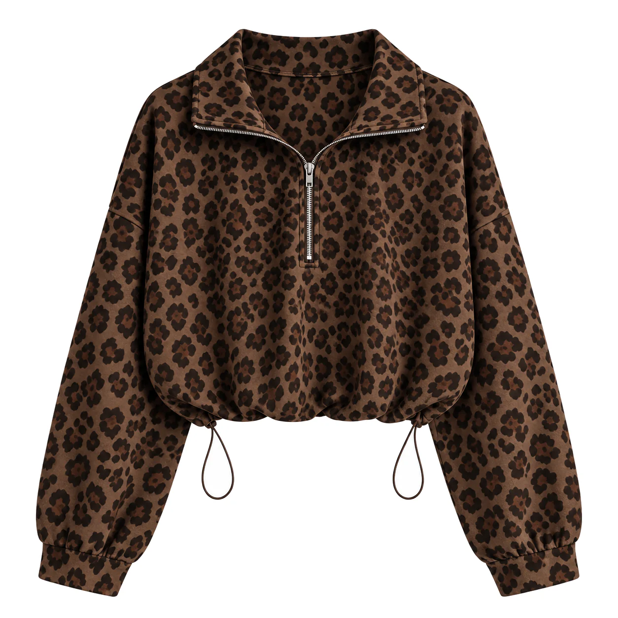 Brown & Leopard Print women's half-zip cropped sweatshirt option